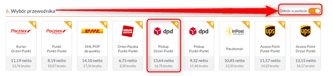 wybór przewoźnika DPD pickup