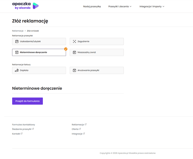 Krok 2. Nowy Panel – wybór powodu reklamacji.