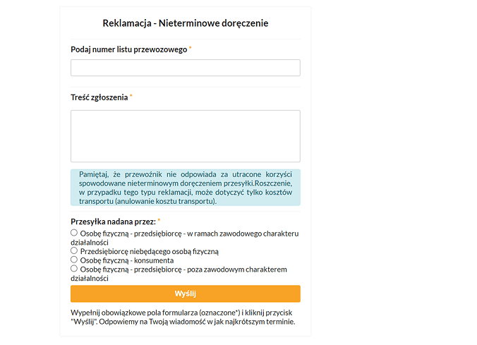 Krok 2. Nowy Panel – wybór powodu reklamacji nieterminowe doreczenie