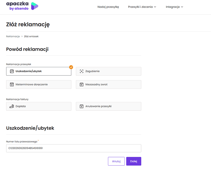 Krok 2 powod reklamacji nieterminowe uszkodzenie nowy panel