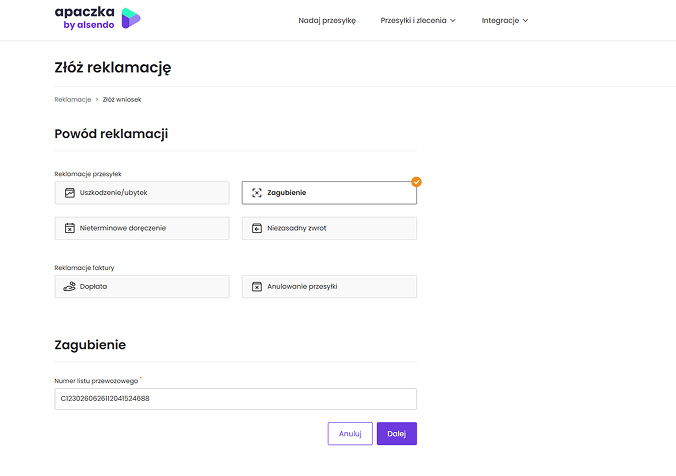 Krok 2 powod reklamacji zagubienie nowy panel