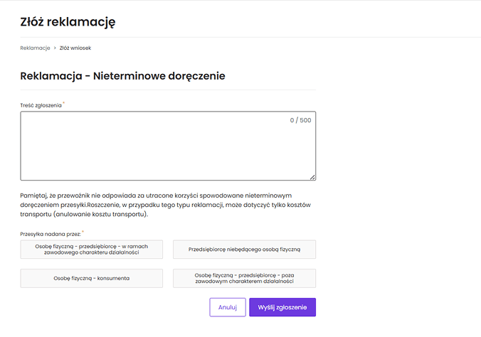 Krok 3. Nowy Panel – uzupełnienie danych reklamacji nieterminowe doręczenie
