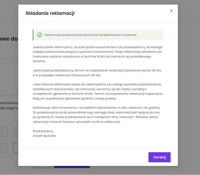 Krok 5 reklamacja zostala zlozona pomyslnie nowy panel