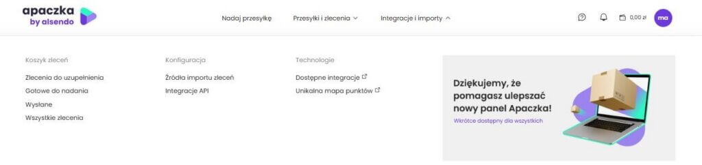 Rozwinięte menu Integracje i importy Panel Klienta Apaczka