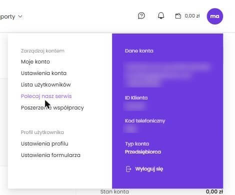 Menu Dane konta, ustawienia, profile Panel Klienta Apaczka