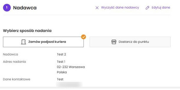 Sekcja Nadawca w formularzu nadania — dane pokazane w formie podsumowania