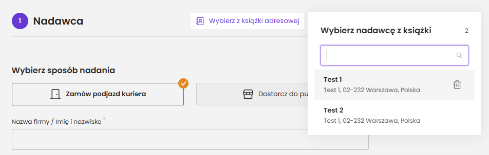 Sekcja Nadawca po kliknięciu Wybierz z książki adresowej — lista rozwijana z adresami