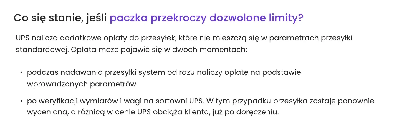 Kiedy UPS nalicza dopłatę: przy nadaniu na podstawie wprowadzonych parametrów lub po weryfikacji wymiarów i wagi na sortowni UPS, już po doręczeniu