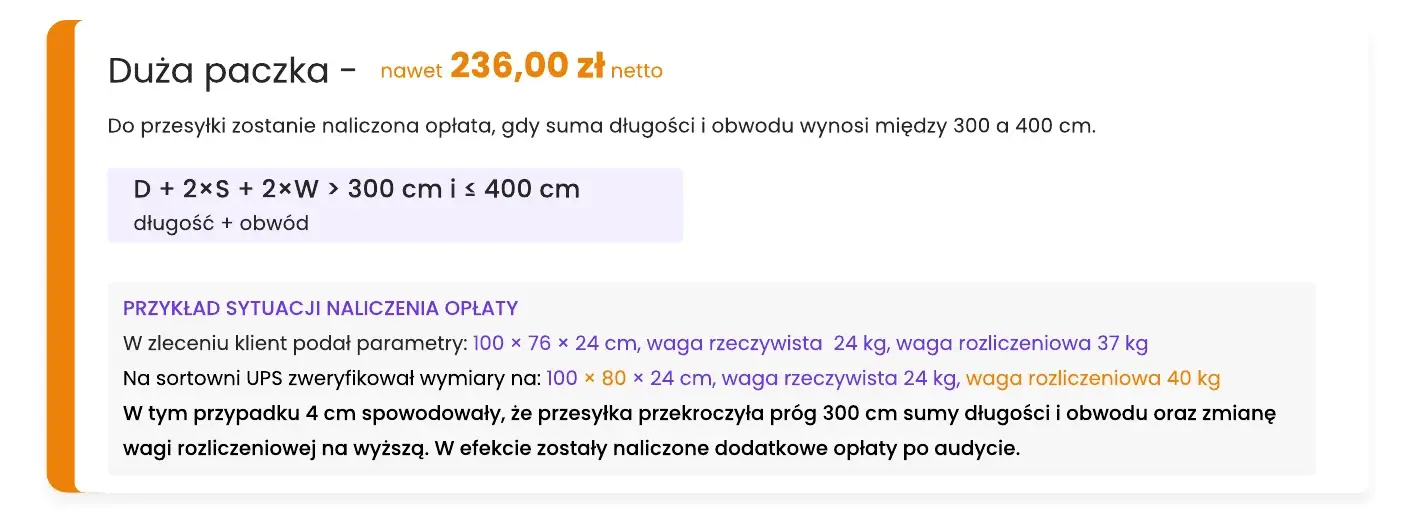 Duża paczka – dopłata nawet 236,00 zł netto, gdy suma długości i obwodu wynosi od 300 do 400 cm
